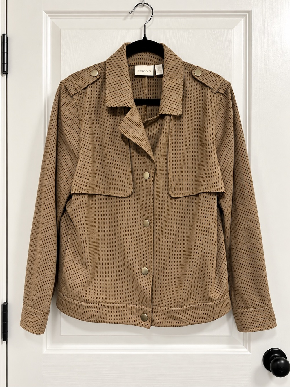 Chicos Jacket Womens Size 12 Brown Tan Perforated Faux Suede Lightweight